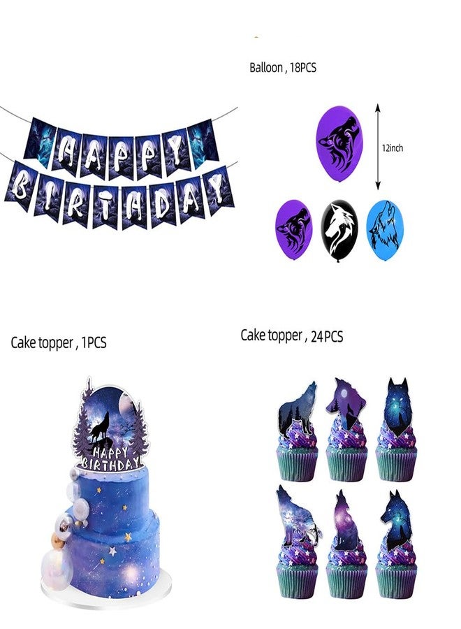 Bolsome 95Pcs Wolf Party Supplies Serves for 10 Guests, Wolf Plates Napkins Paper Cups Tablecloth Banner Balloons Cake Toppers for Boys Girls for Galaxy Wolf Birthday Party Decorations - Image 4
